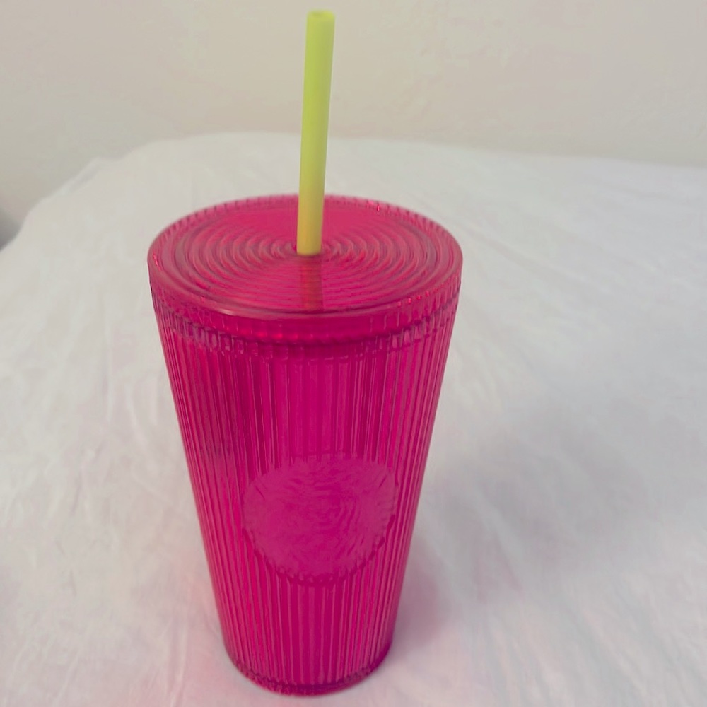 Starbucks tumbler hot pink w neon yellow straw *16oz